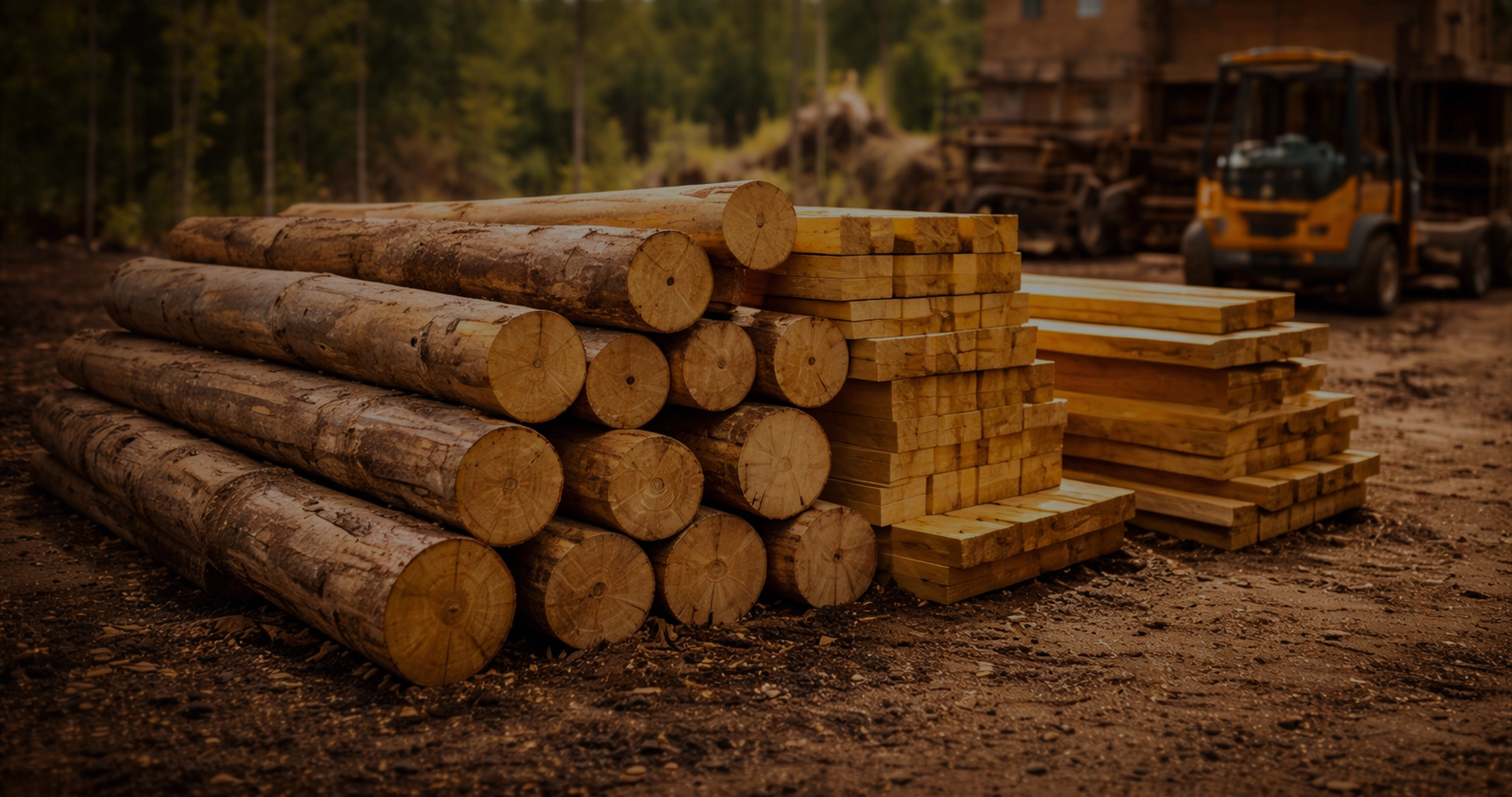 Troncos y madera dimensionada en almacén
